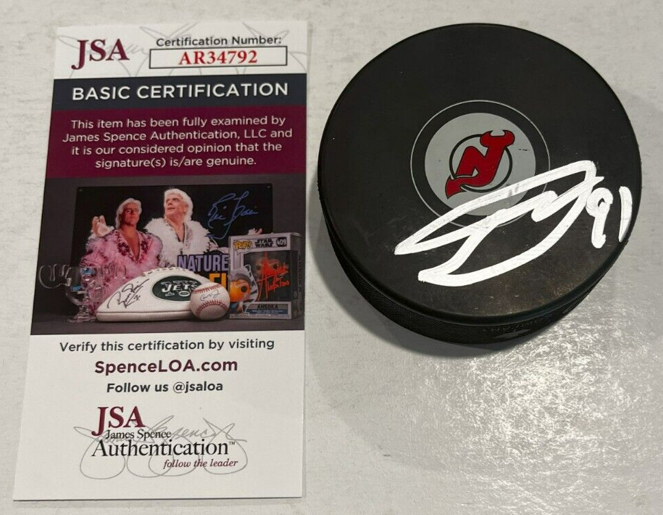 DAWSON MERCER SIGNED NEW JERSEY DEVILS HOCKEY PUCK W/ CASE JSA COA