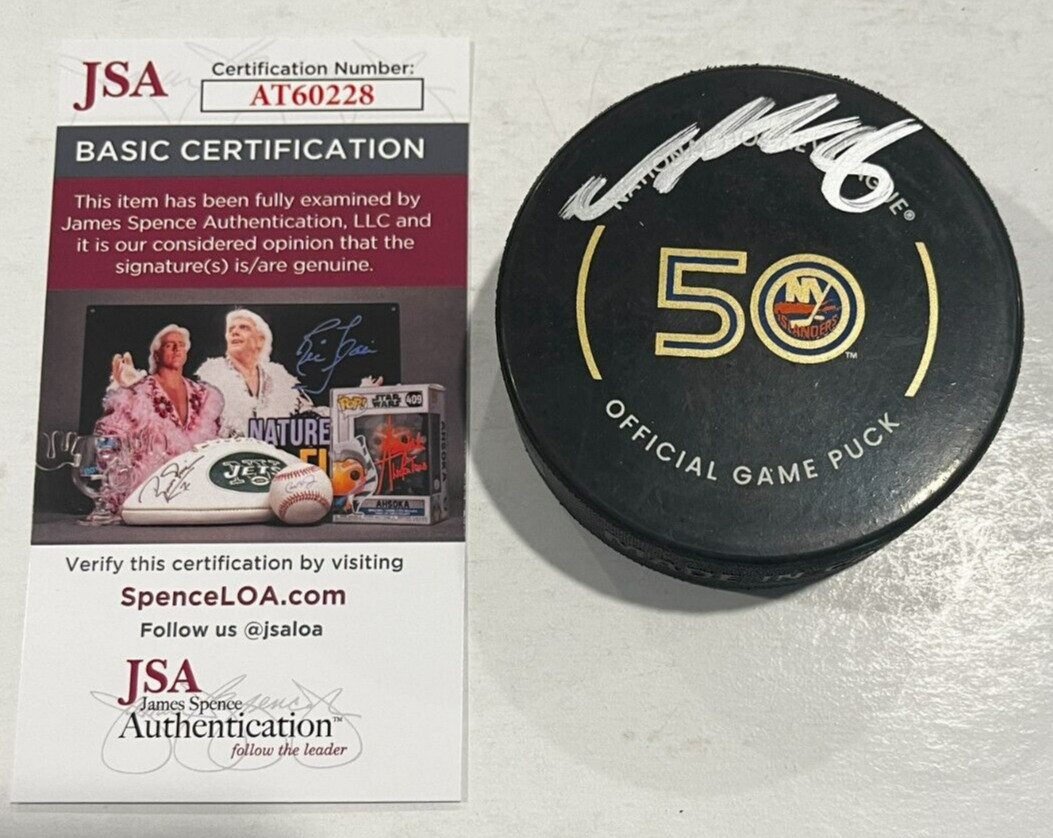 NOAH DOBSON SIGNED NEW YORK ISLANDERS GAME HOCKEY PUCK W/ CASE JSA COA