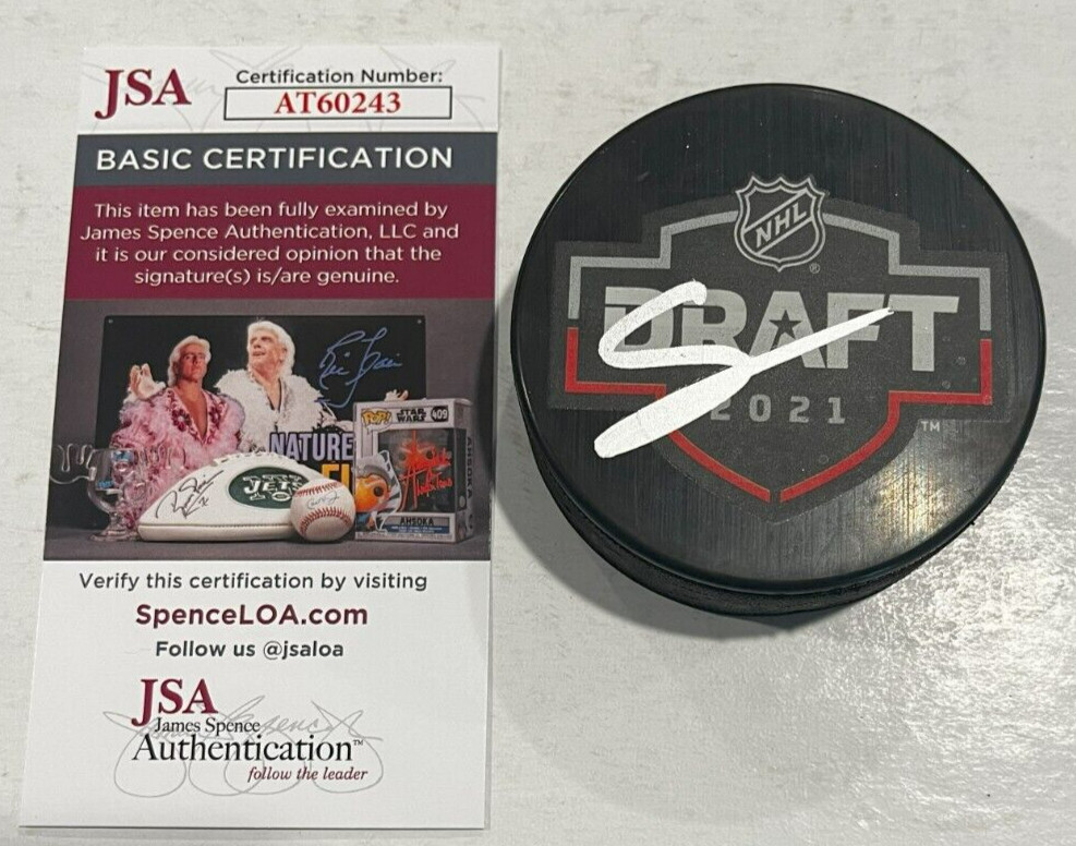 SIMON EDVINSSON SIGNED DETROIT RED WINGS 2021 NHL DRAFT PUCK W/ CASE JSA COA