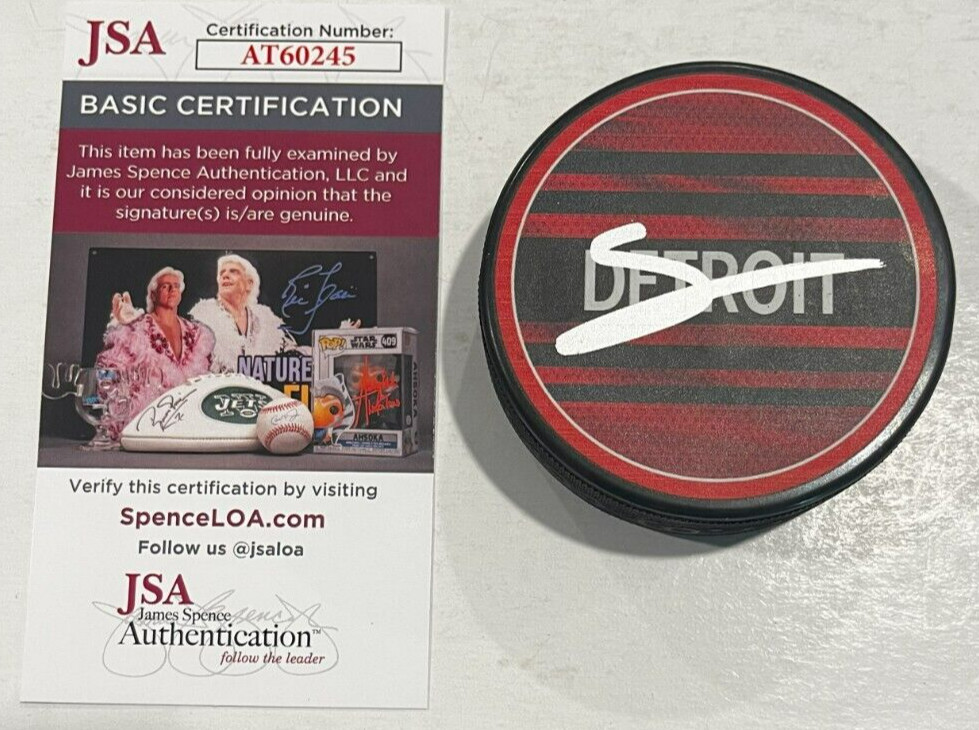 SIMON EDVINSSON SIGNED DETROIT RED WINGS HOCKEY PUCK W/ CASE JSA COA