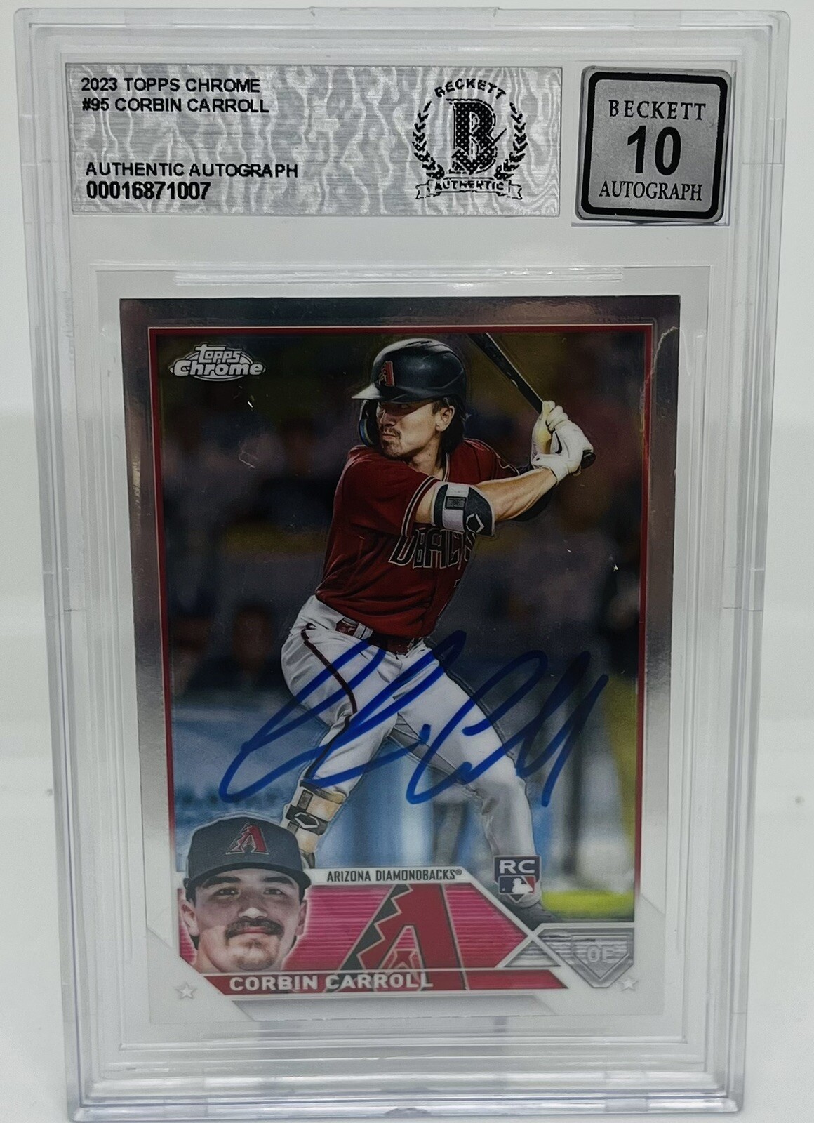 CORBIN CARROLL SIGNED 2023 TOPPS CHROME BASEBALL ROOKIE CARD BECKETT BAS 10 AUTO