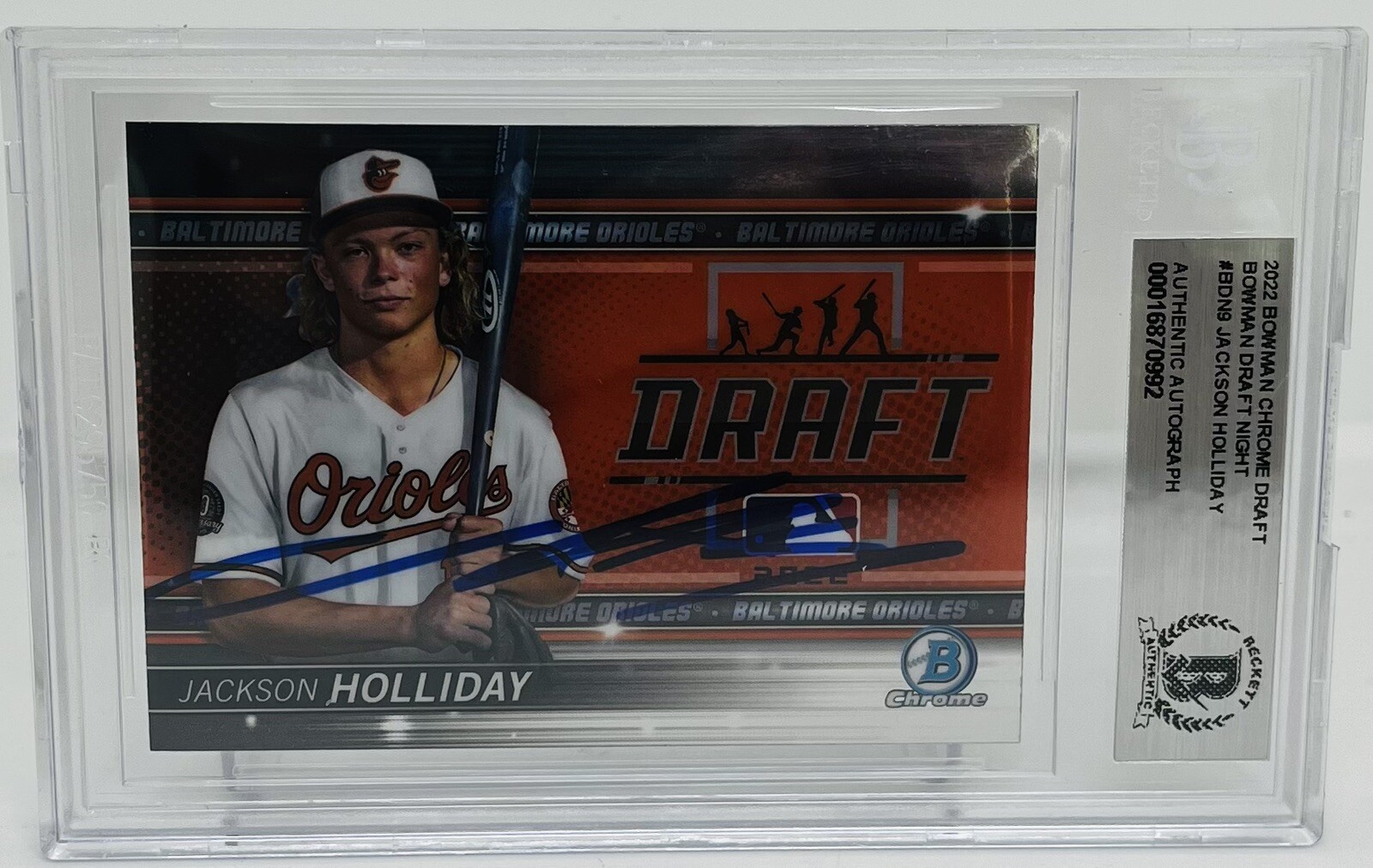 JACKSON HOLLIDAY SIGNED 2022 BOWMAN CHROME DRAFT NIGHT CARD BECKETT BAS AUTO