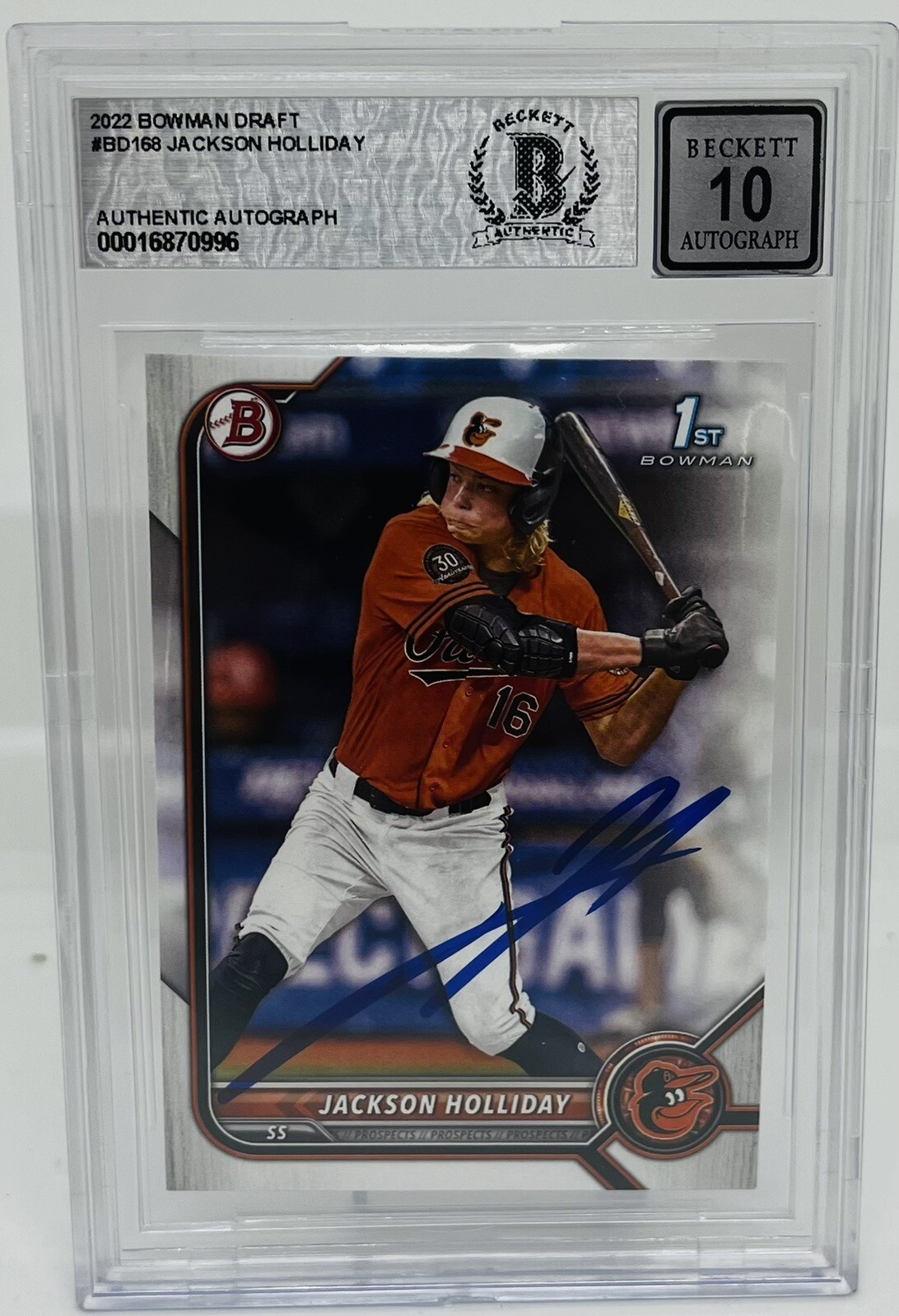 JACKSON HOLLIDAY SIGNED 2022 BOWMAN DRAFT BASEBALL CARD BECKETT BAS 10 AUTO