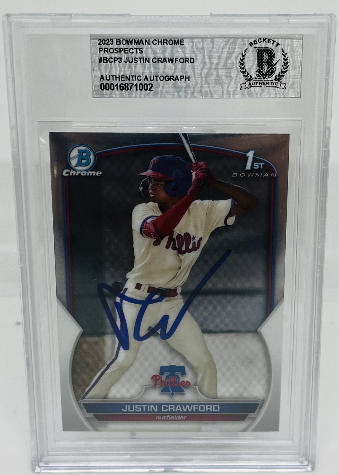 JUSTIN CRAWFORD SIGNED 2023 BOWMAN CHROME BASEBALL ROOKIE CARD BECKETT BAS AUTO