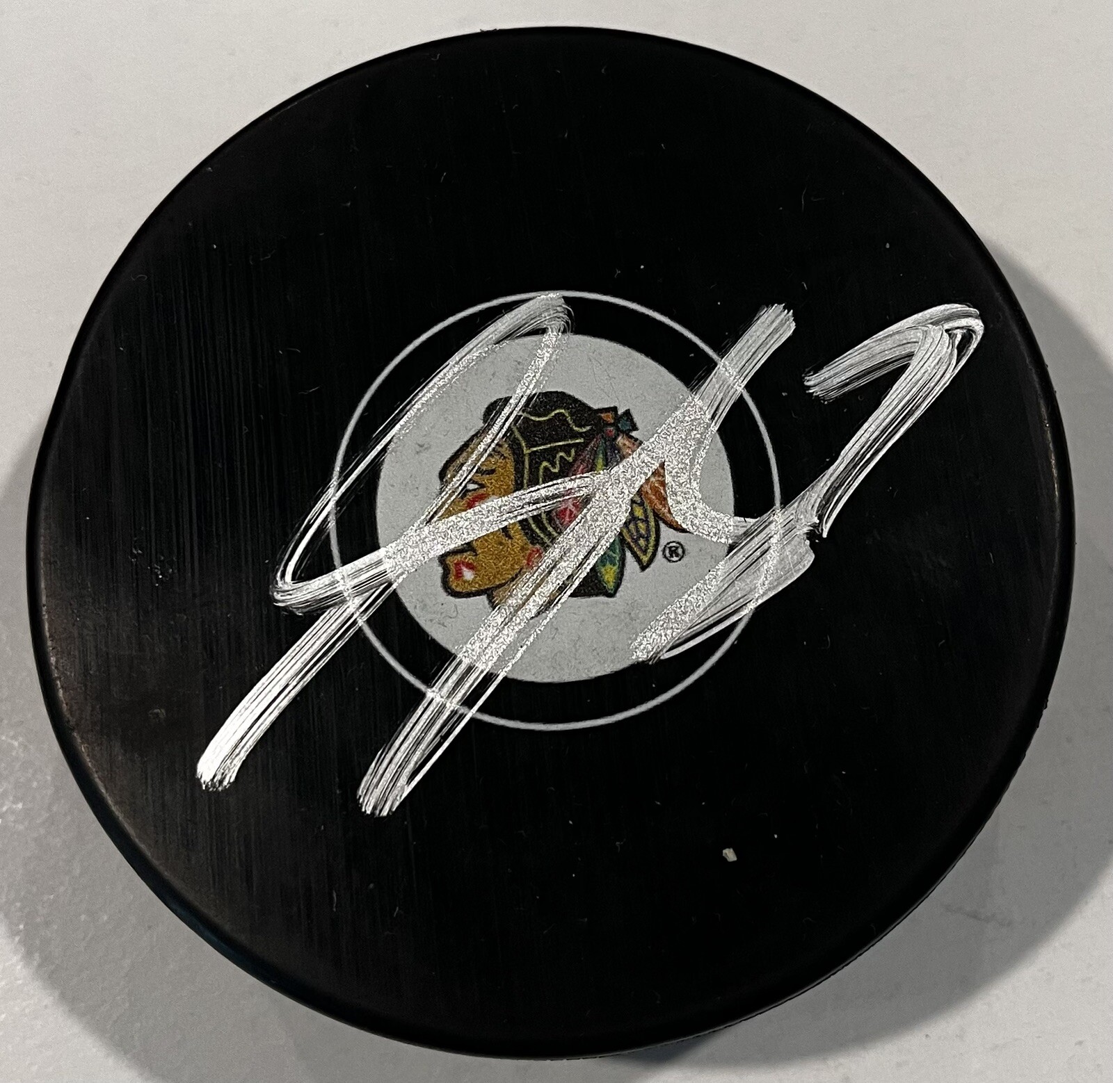 SACHA BOISVERT SIGNED CHICAGO BLACKHAWKS HOCKEY PUCK W/ CASE COA