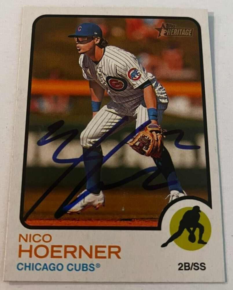 NICO HOERNER SIGNED 2022 TOPPS HERITAGE BASEBALL CARD AUTO