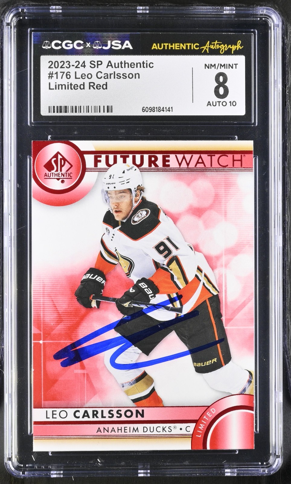 LEO CARLSSON SIGNED 2023-24 SP AUTHENTIC RED ROOKIE CARD #176 CGC 8 JSA 10 AUTO