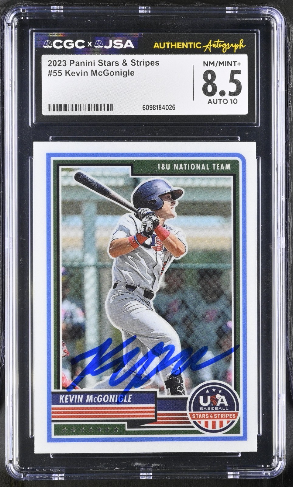 KEVIN MCGONIGLE SIGNED 2023 PANINI STARS & STRIPES CARD #55 CGC 8.5 JSA 10 AUTO