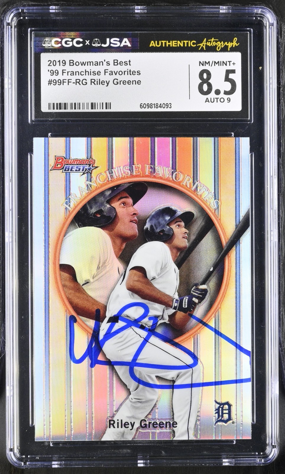 RILEY GREENE SIGNED 2019 BOWMAN'S BEST CARD #99FF-RG CGC 8.5 JSA 9 AUTO