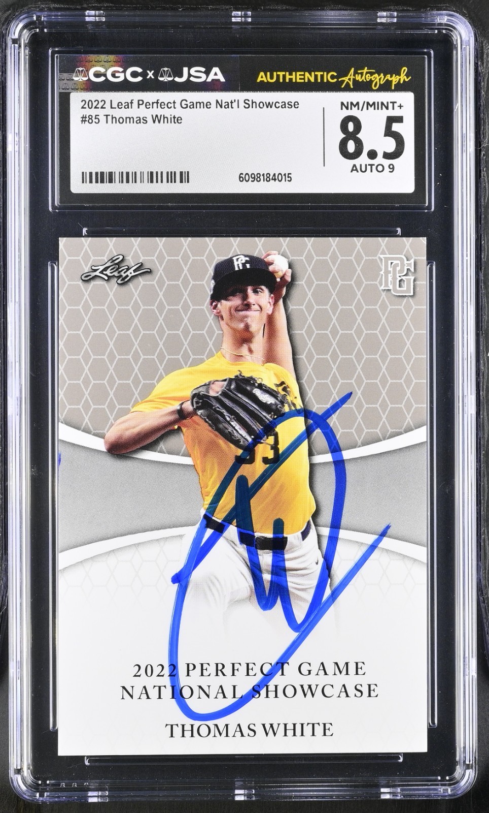 THOMAS WHITE SIGNED 2022 LEAF PERFECT GAME ROOKIE CARD #85 CGC 8.5 JSA 9 AUTO