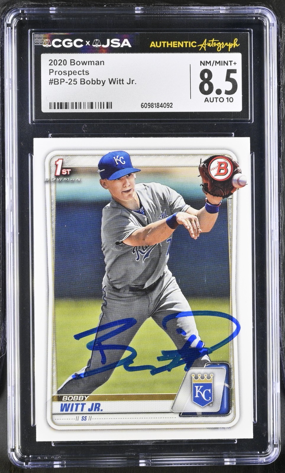 BOBBY WITT JR SIGNED 2020 BOWMAN PROSPECT ROOKIE CARD #BP-25 CGC 8.5 JSA 10 AUTO