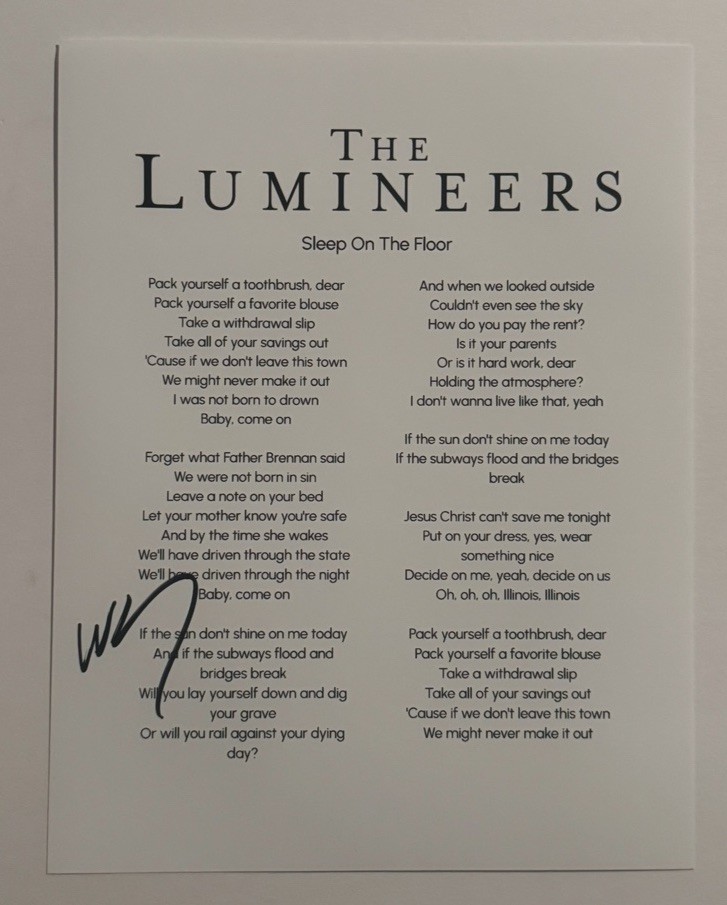 WESLEY SCHULTZ SIGNED LYRIC SHEET AUTOGRAPHED THE LUMINEERS BAND LEAD SINGER COA