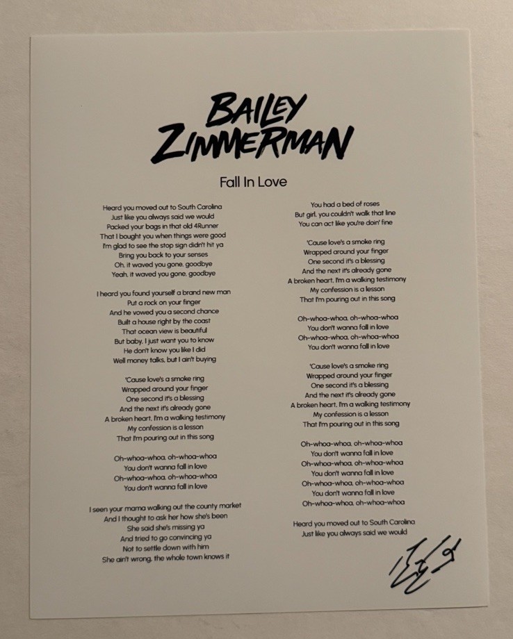 BAILEY ZIMMERMAN HAND SIGNED LYRIC SHEET AUTOGRAPHED COUNTRY SINGER RARE COA