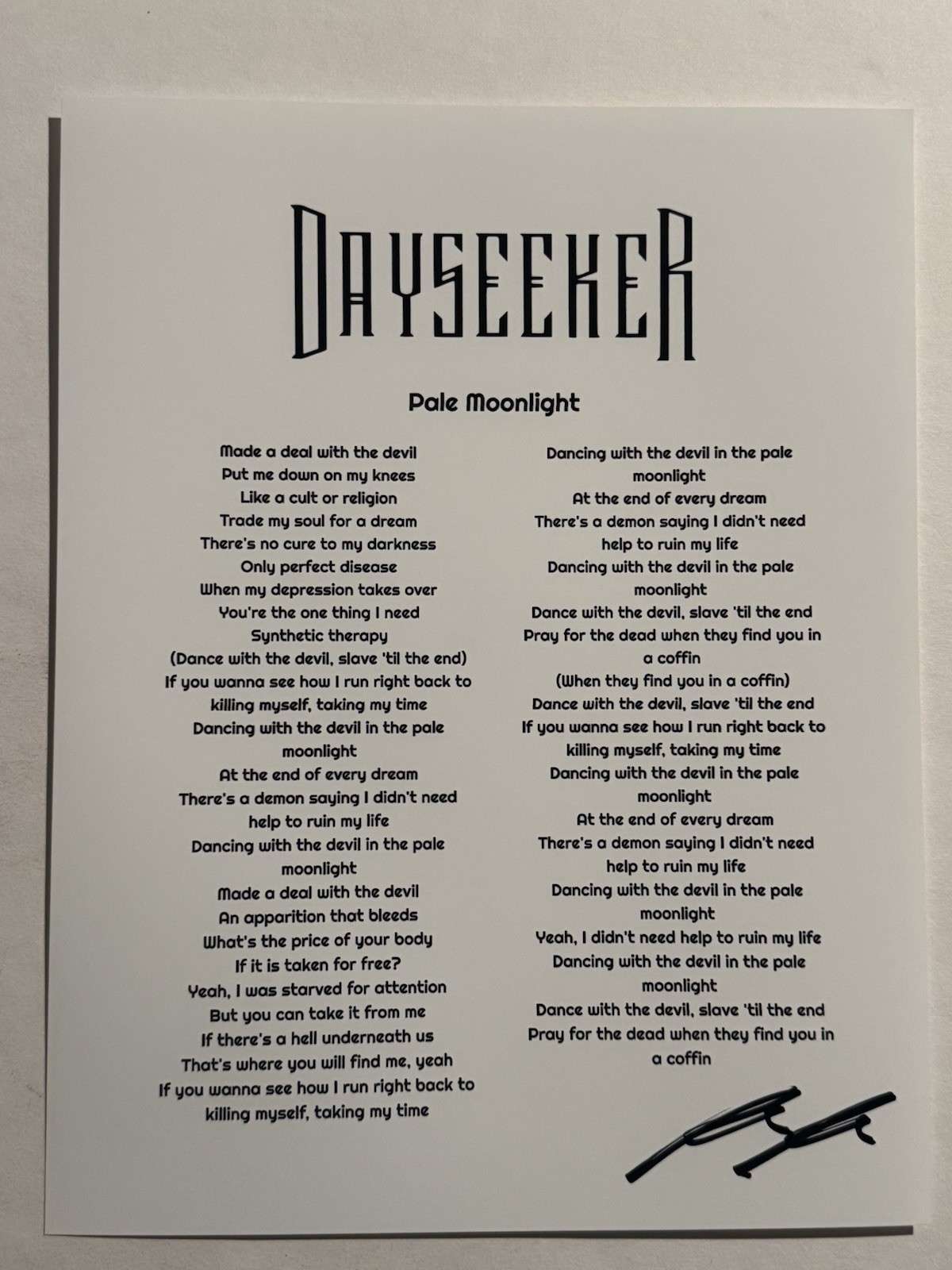 RORY RODRIGUEZ DAYSEEKER BAND LEAD SINGER SIGNED LYRIC SHEET AUTOGRAPHED COA