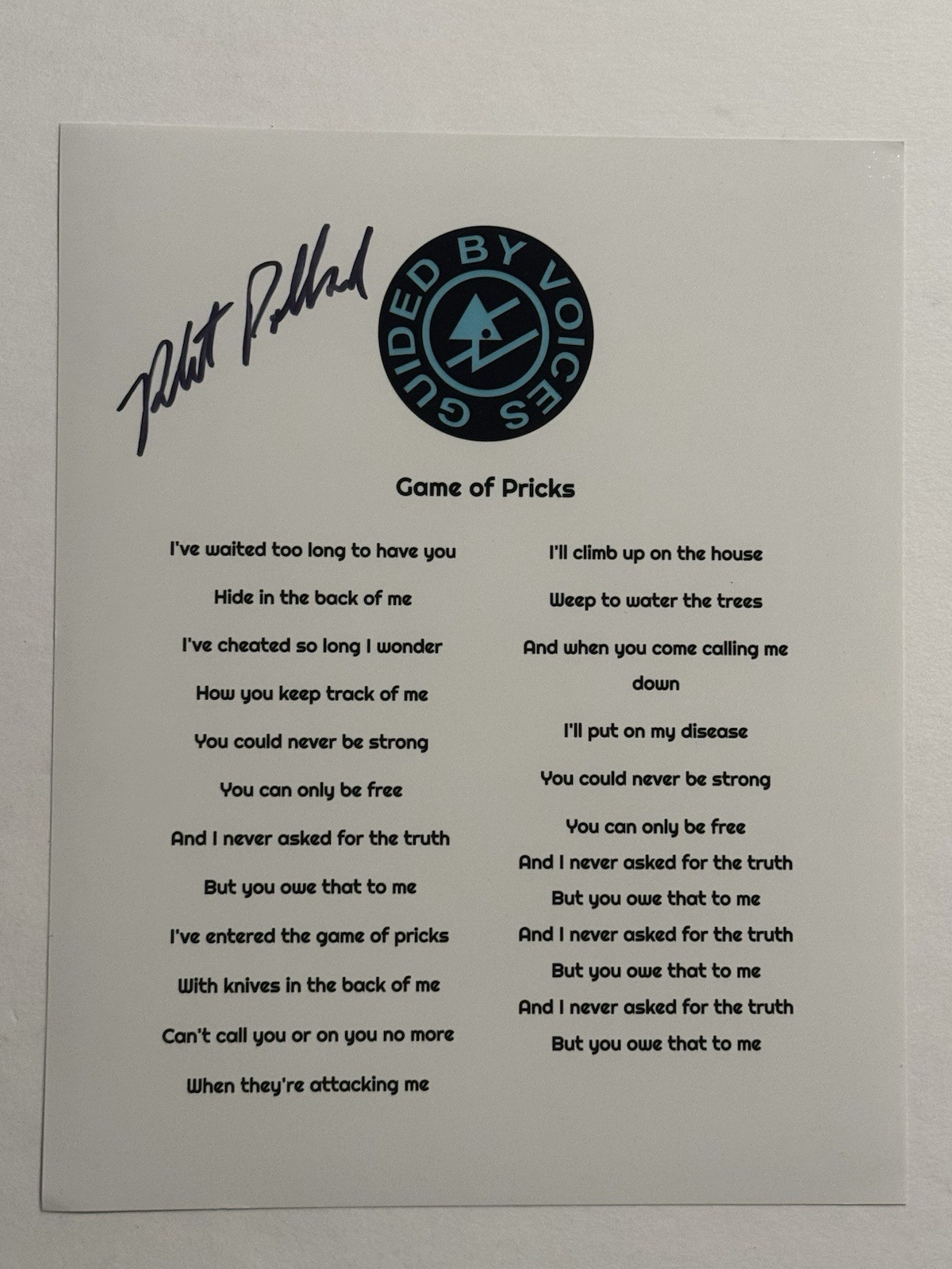 ROBERT POLLARD SIGNED LYRIC SHEET AUTOGRAPHED GUIDED BY VOICES BAND SINGER COA