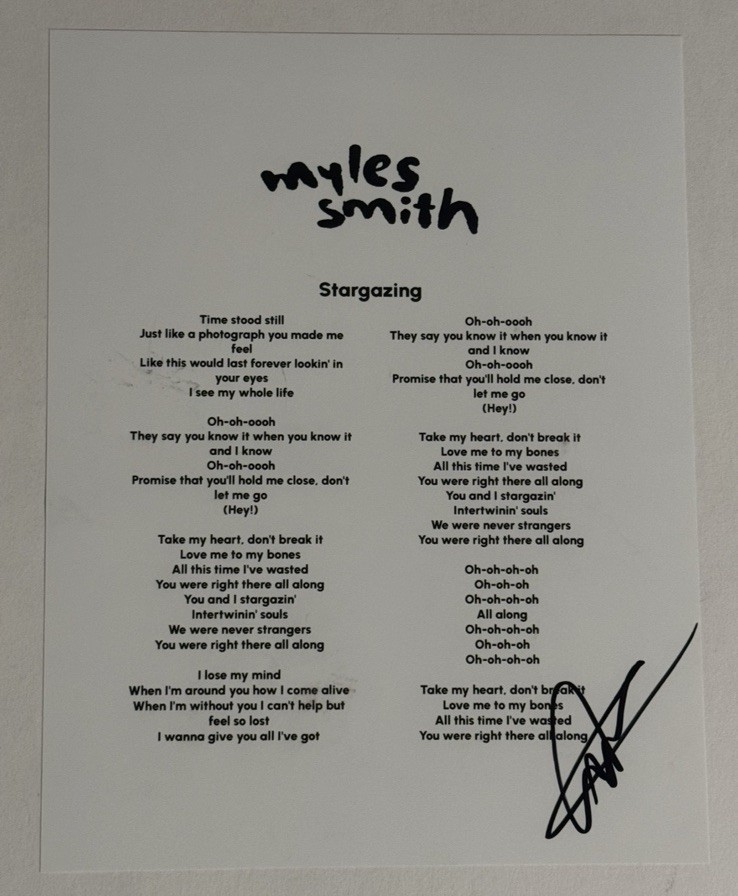 MYLES SMITH HAND SIGNED AUTOGRAPHED STARGAZING LYRIC SHEET SINGER RARE COA