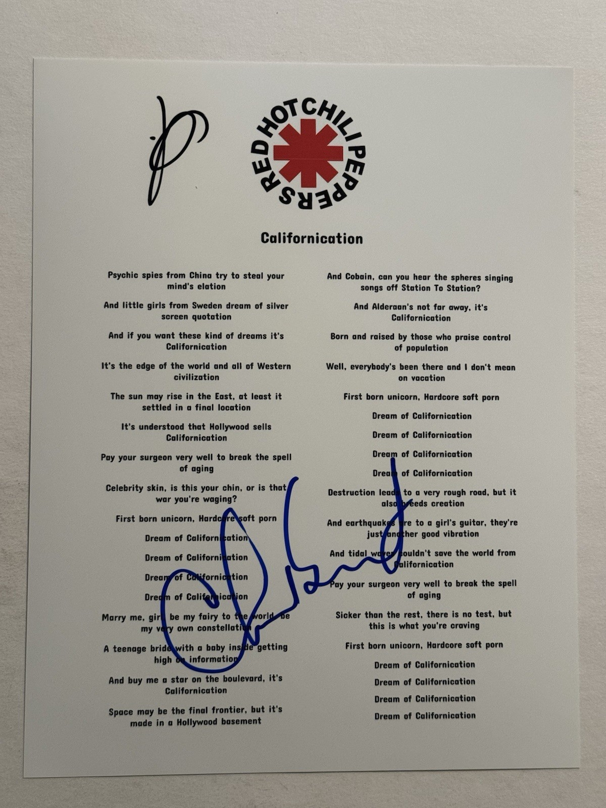CHAD SMITH SIGNED LYRIC SHEET AUTOGRAPHED RED HOT CHILI PEPPERS DRUMMER RARE COA