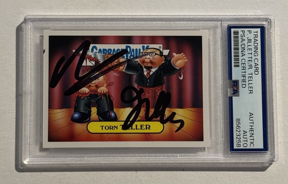 Penn & Teller SIGNED AUTO GPK Torn Teller Spoof 2016 Garbage Pail Kids Card PSA