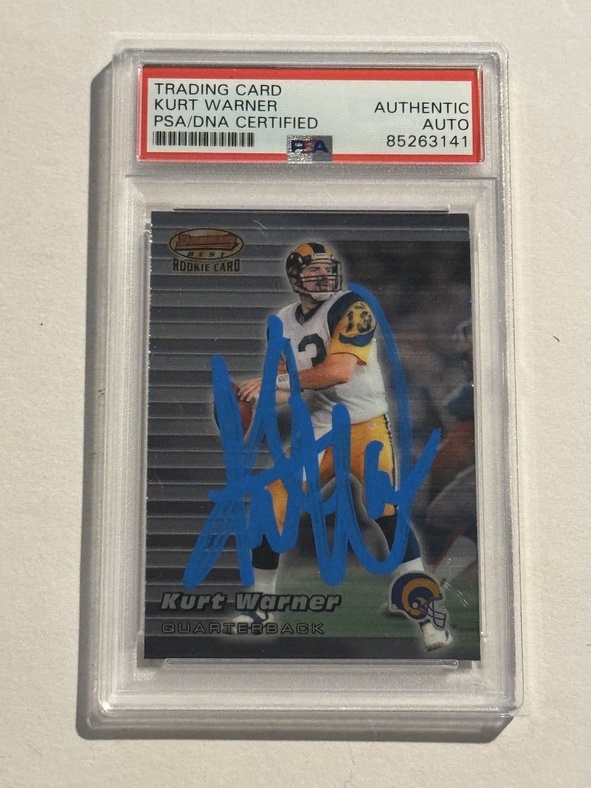 Kurt Warner Signed 1999 Bowman's Best #110 RC Rookie Blue Ink AUTO PSA/DNA