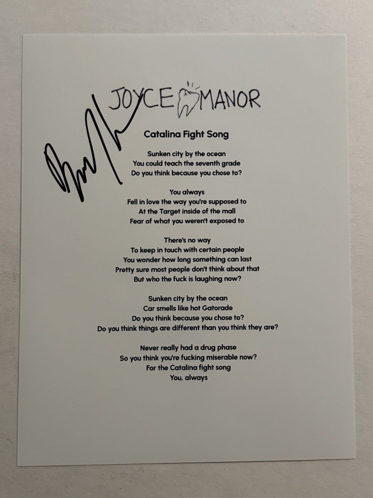BARRY JOHNSON SIGNED LYRIC SHEET AUTOGRAPHED JOYCE MANOR BAND LEAD SINGER COA