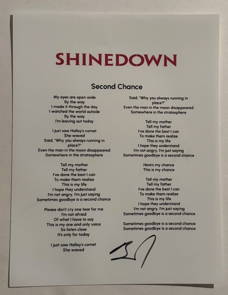 BRENT SMITH SIGNED LYRIC SHEET AUTOGRAPHED SHINEDOWN BAND LEAD SINGER COA