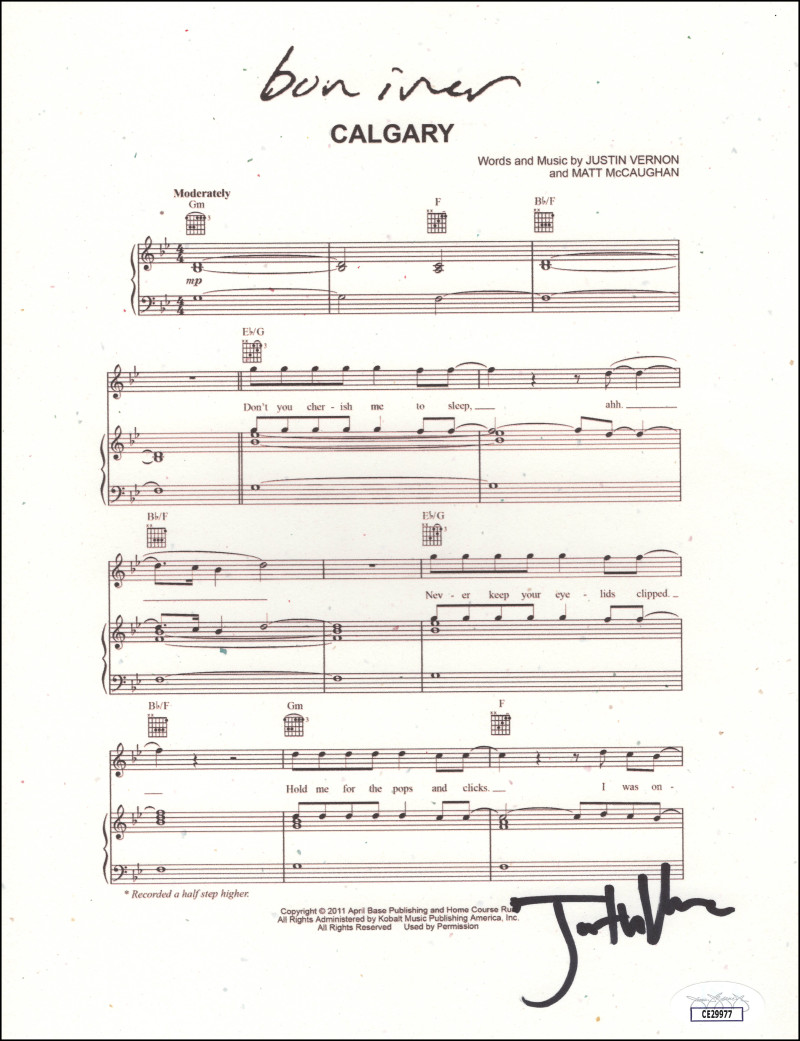 Justin Vernon Bon Iver Signed Autograph Calgary Sheet Music Page w/ JSA COA