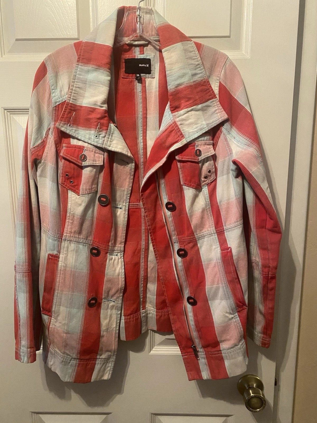 Hurley Men M Red Plaid Zip Button Jacket