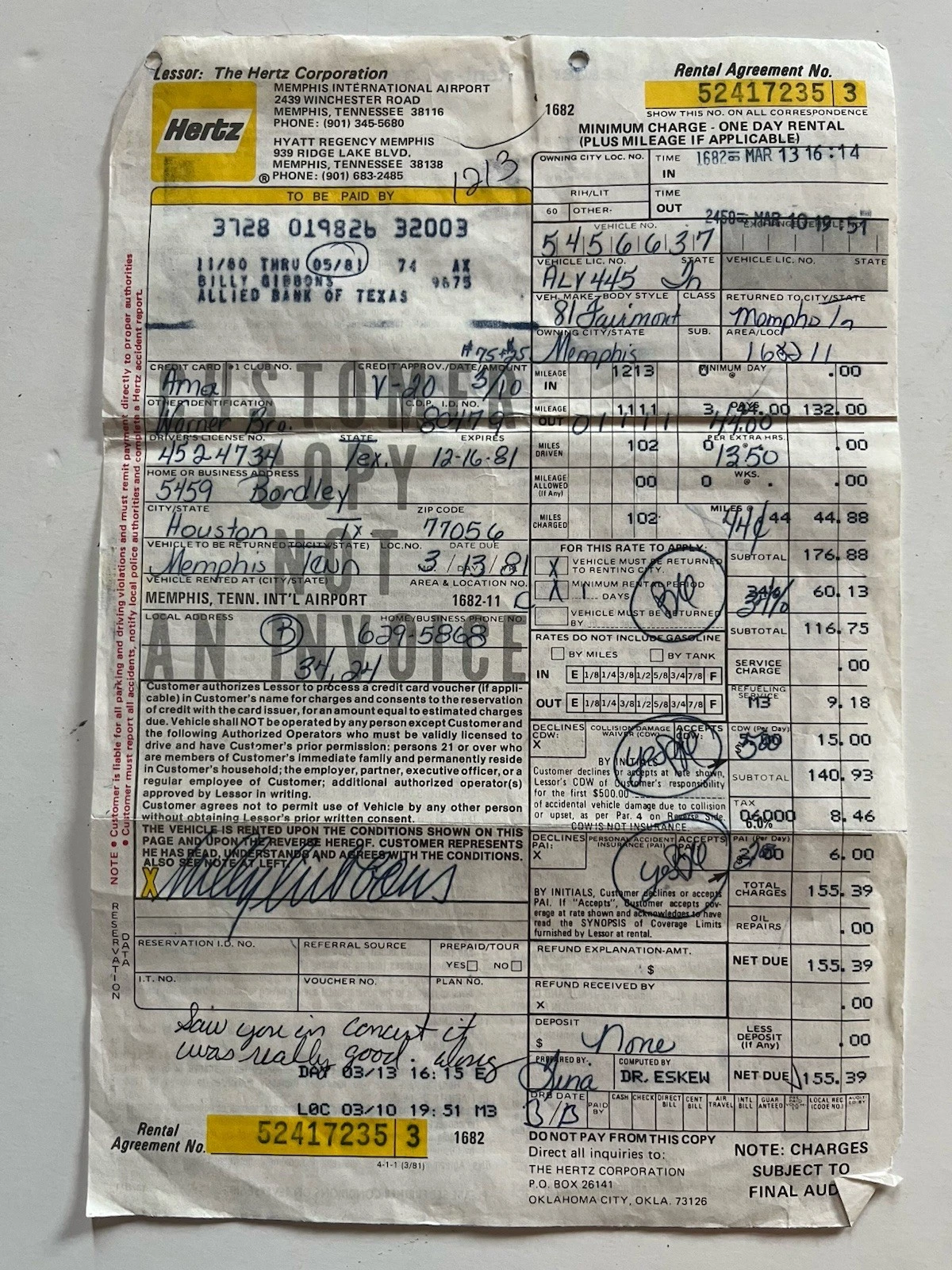 Billy Gibbons ZZ Top 1981 Rental Car Receipt Signed Full Name (Carbon Copy) #2
