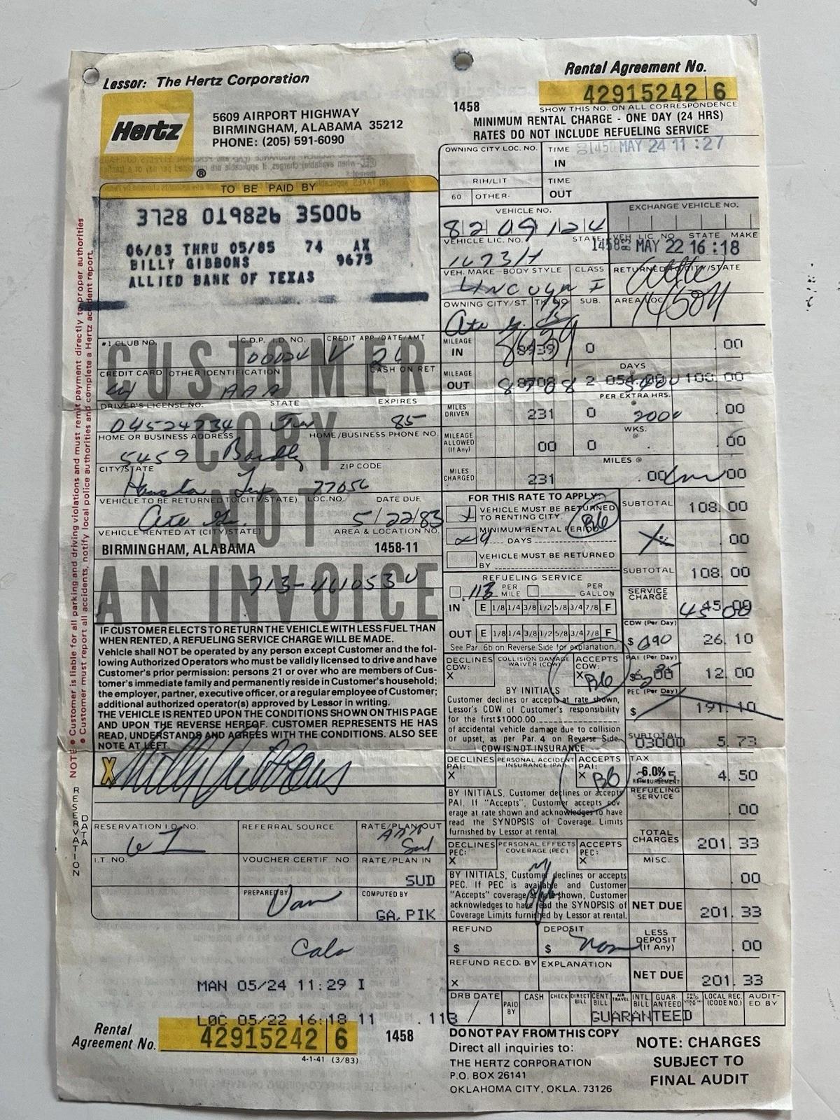 Billy Gibbons ZZ Top 1981 Rental Car Receipt Signed Full Name (Carbon Copy) #3