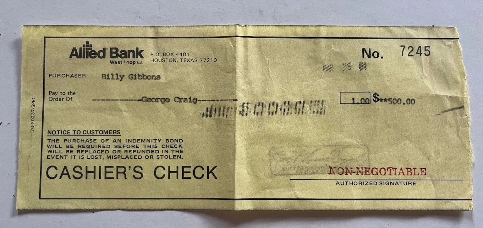 Billy Gibbons ZZ Top 1981 Money Order Receipt