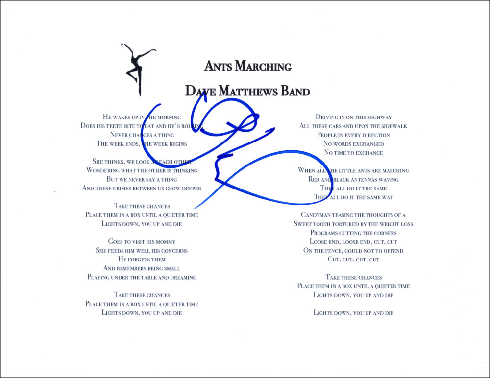 Stefan Lessard Dave Matthews Band Signed Autograph Ants Marching Lyric Sheet