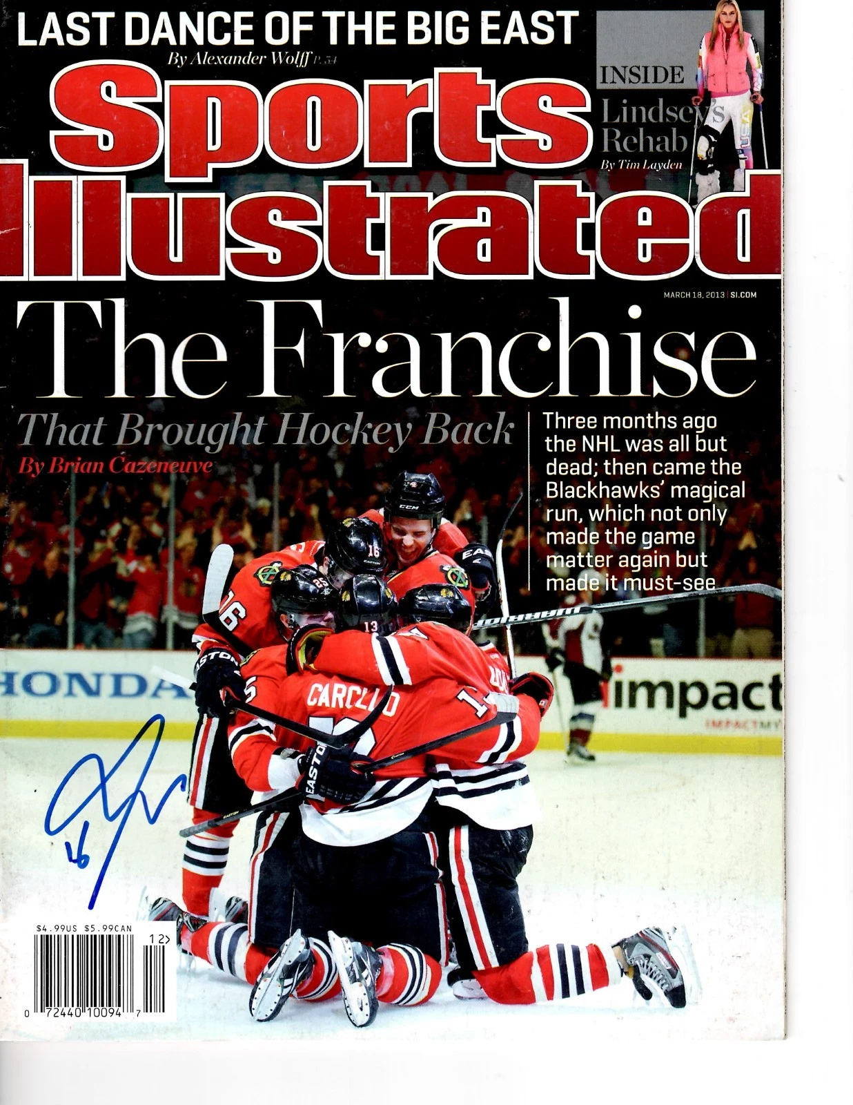CHICAGO BLACKHAWKS MARCUS KRUGER SIGNED SPORTS ILLUSTRATED 3/18/2013