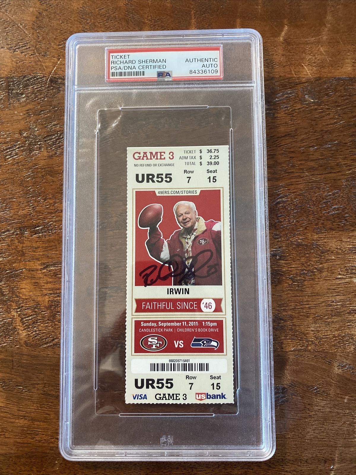 Richard Sherman Signed Debut Ticket Stub Psa/Dna Coa Slabbed 49ers Seahawks