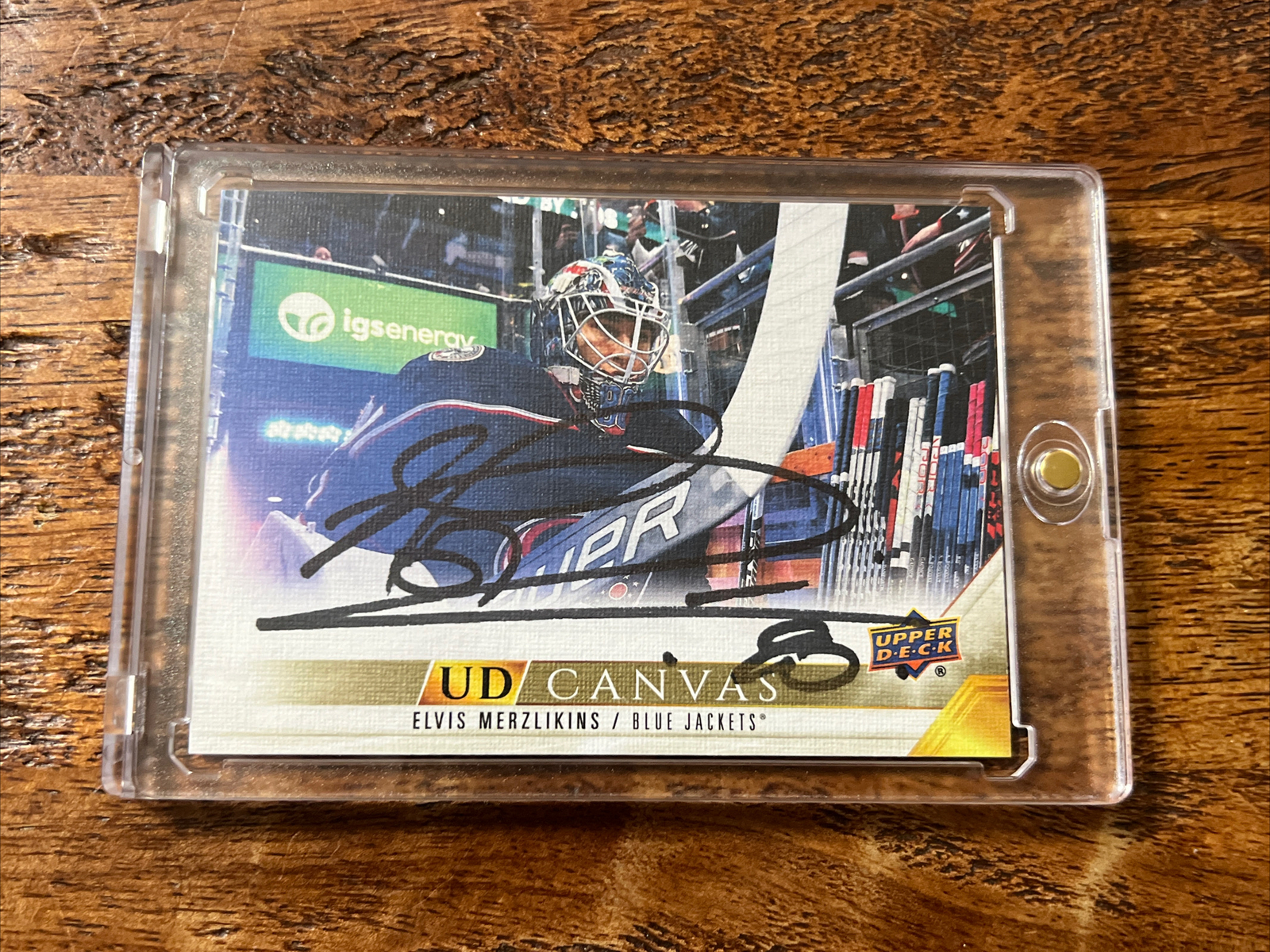 Elvis Merzlikins IP Signed UD Canvas Card JSA Coa Autographed Blue Jackets