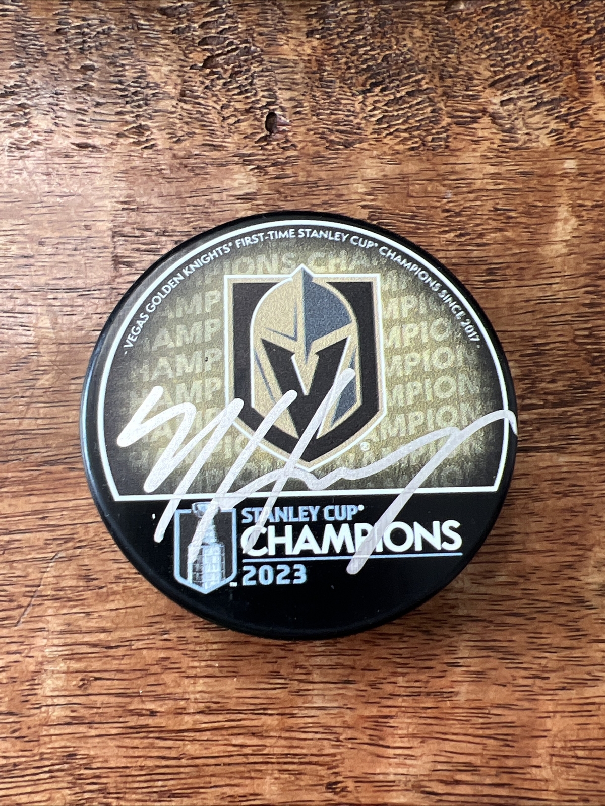 Nicolas Hague Signed 2023 Stanley Cup Champions Puck JSA Coa Golden Knights
