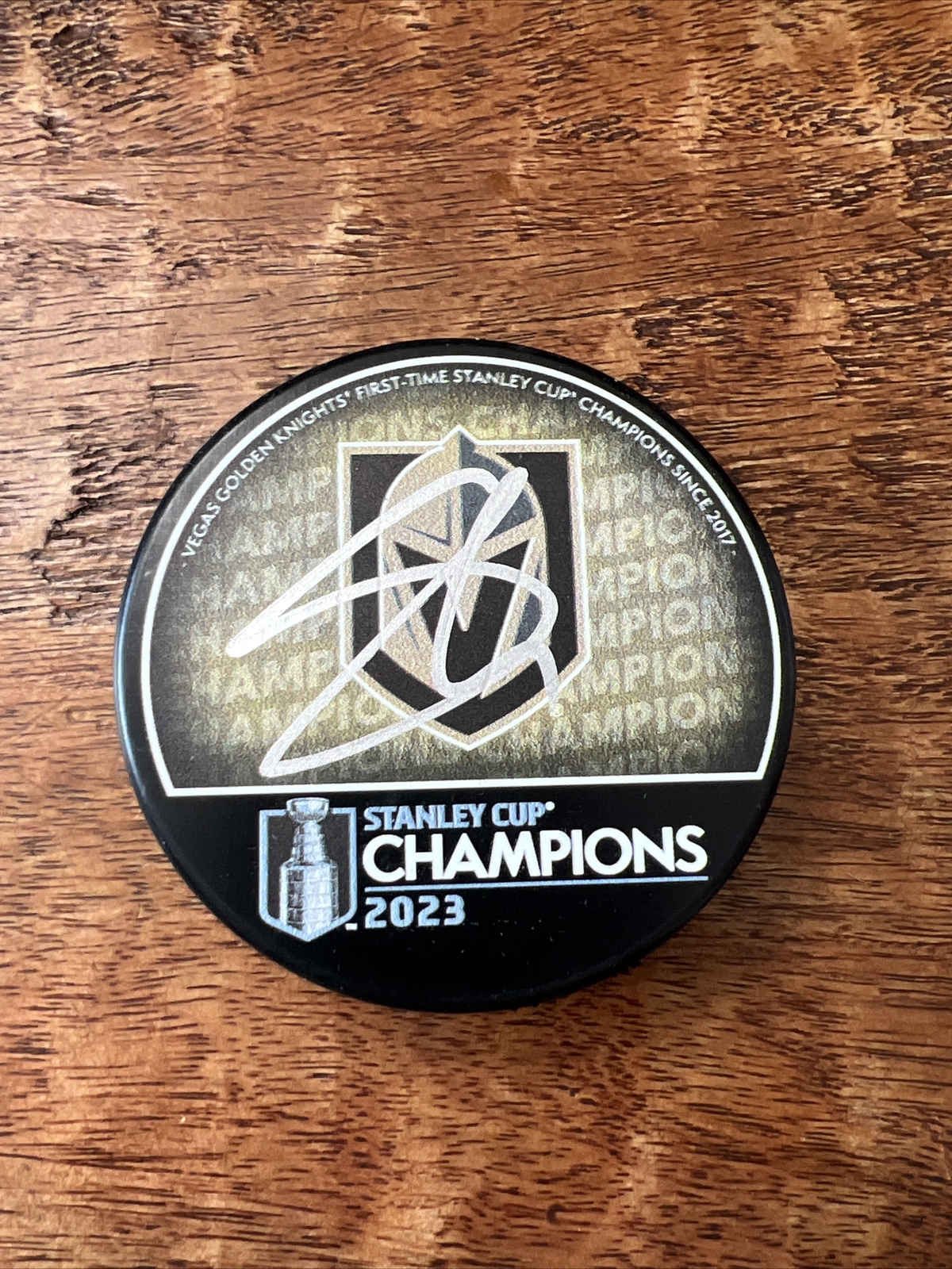 Shea Theodore Signed 2023 Stanley Cup Champions Puck JSA Coa Golden Knights