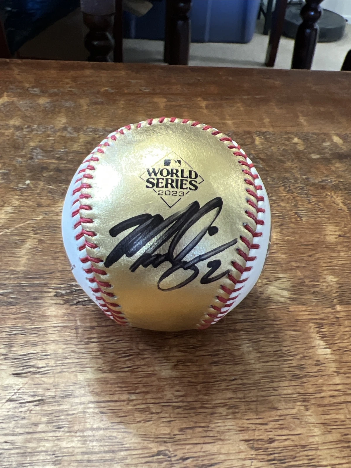 Marcus Semien Signed 2023 GOLD World Series Baseball JSA Coa Rangers Autographed