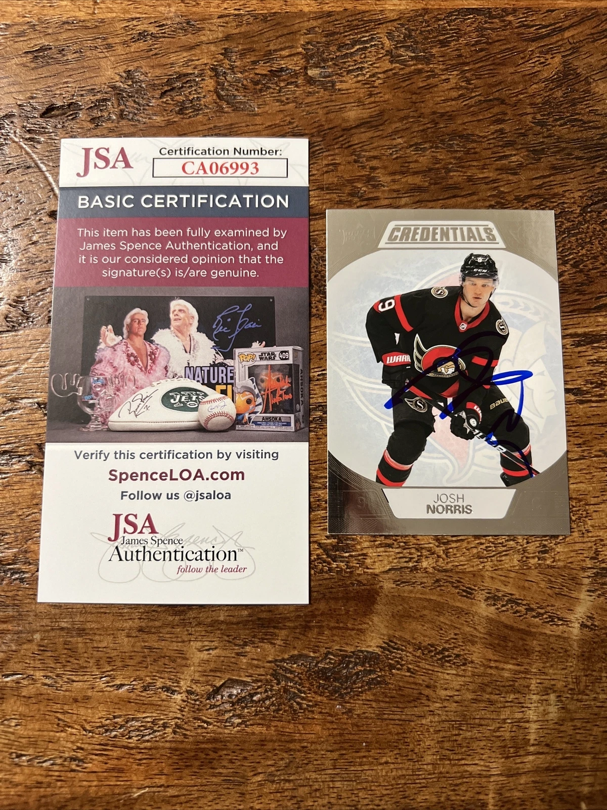 Josh Norris IP Signed Upper Deck Credentials Card JSA Coa Senators Autographed