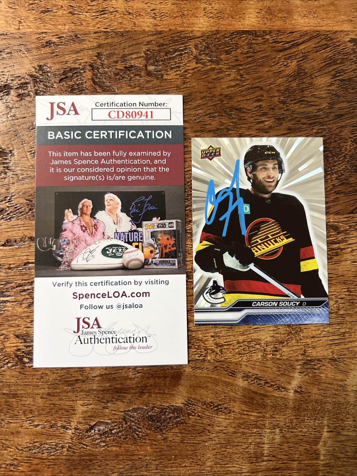 Carson Soucy IP Signed UD Silver Outburst Card JSA Coa Autographed Canucks