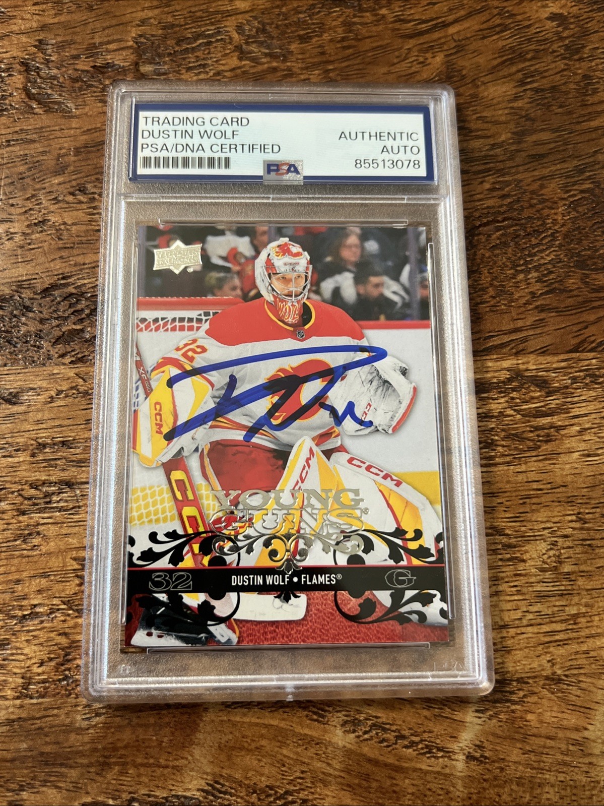 Dustin Wolf IP Signed UD Retro Young Guns Card PSA DNA Coa Slab Flames Auto