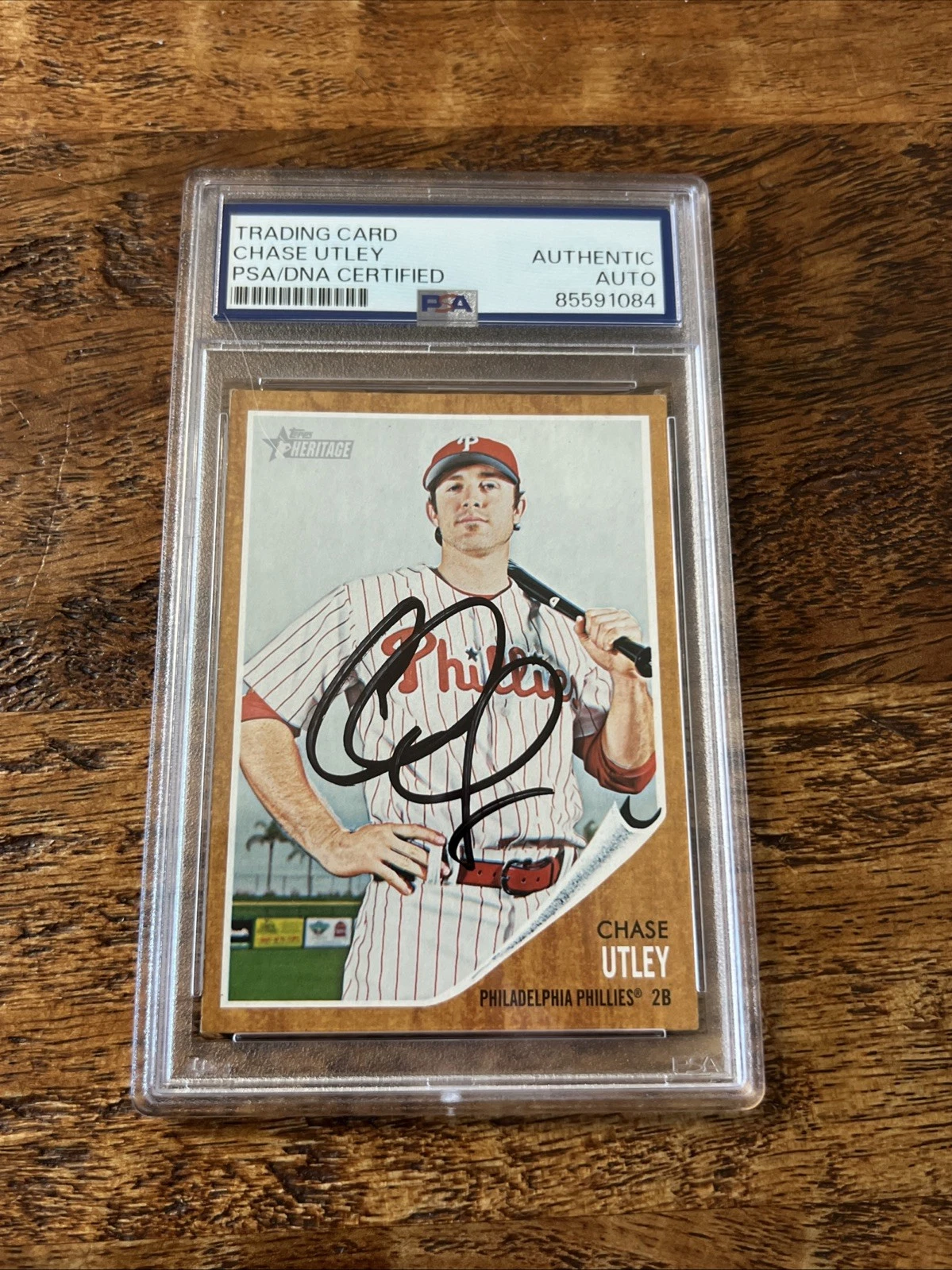 Chase Utley IP Signed Topps Heritage Card Psa Dna Coa Slab Autographed Phillies