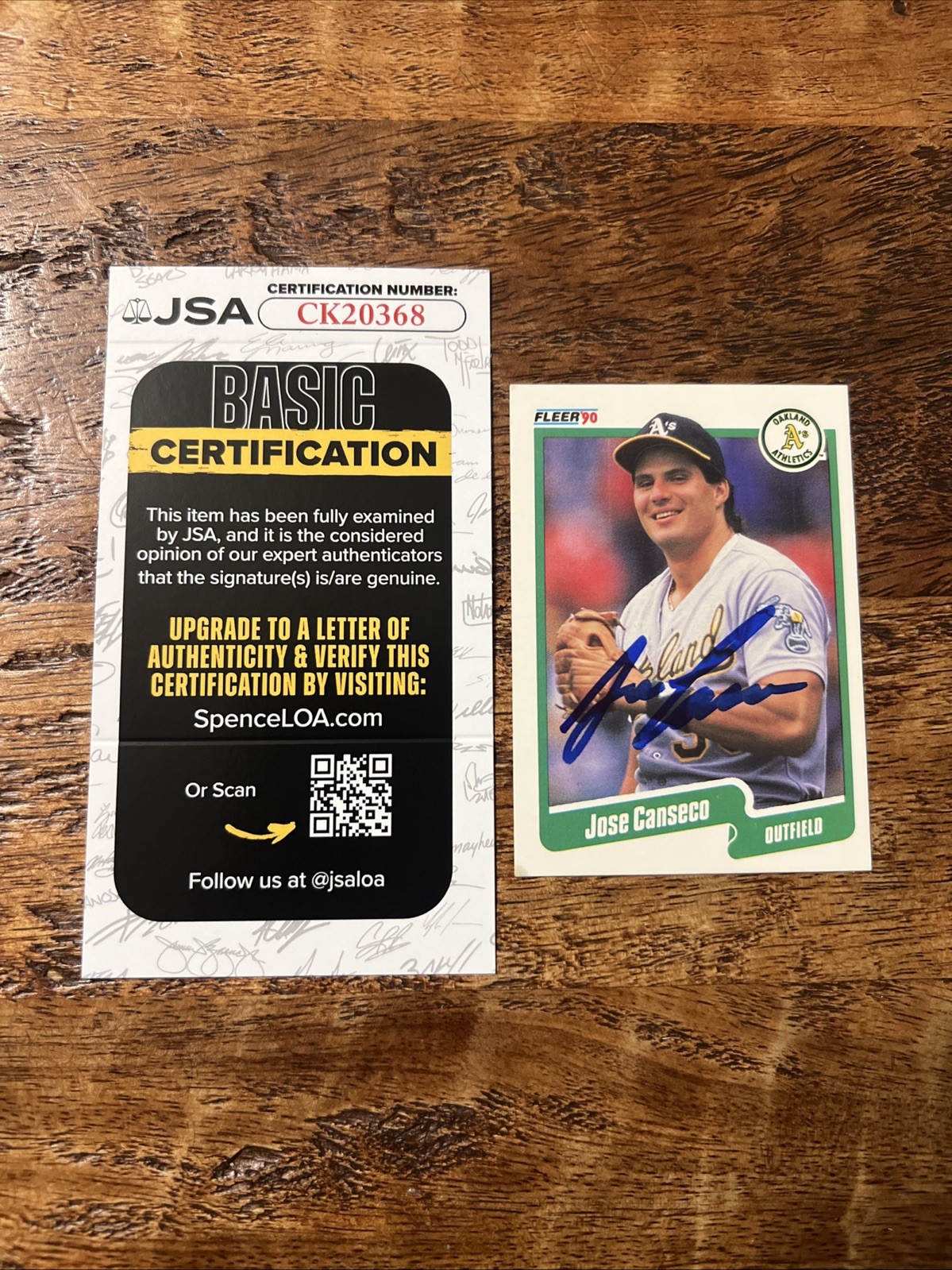 Jose Canseco IP Signed Fleer Card JSA Coa Athletics Autographed