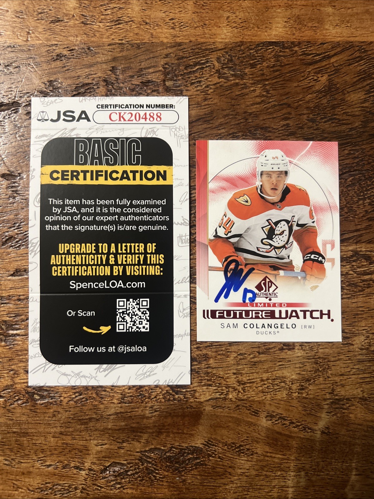 Sam Colangelo IP Signed SP Authentic RC Card JSA Coa Ducks Autographed