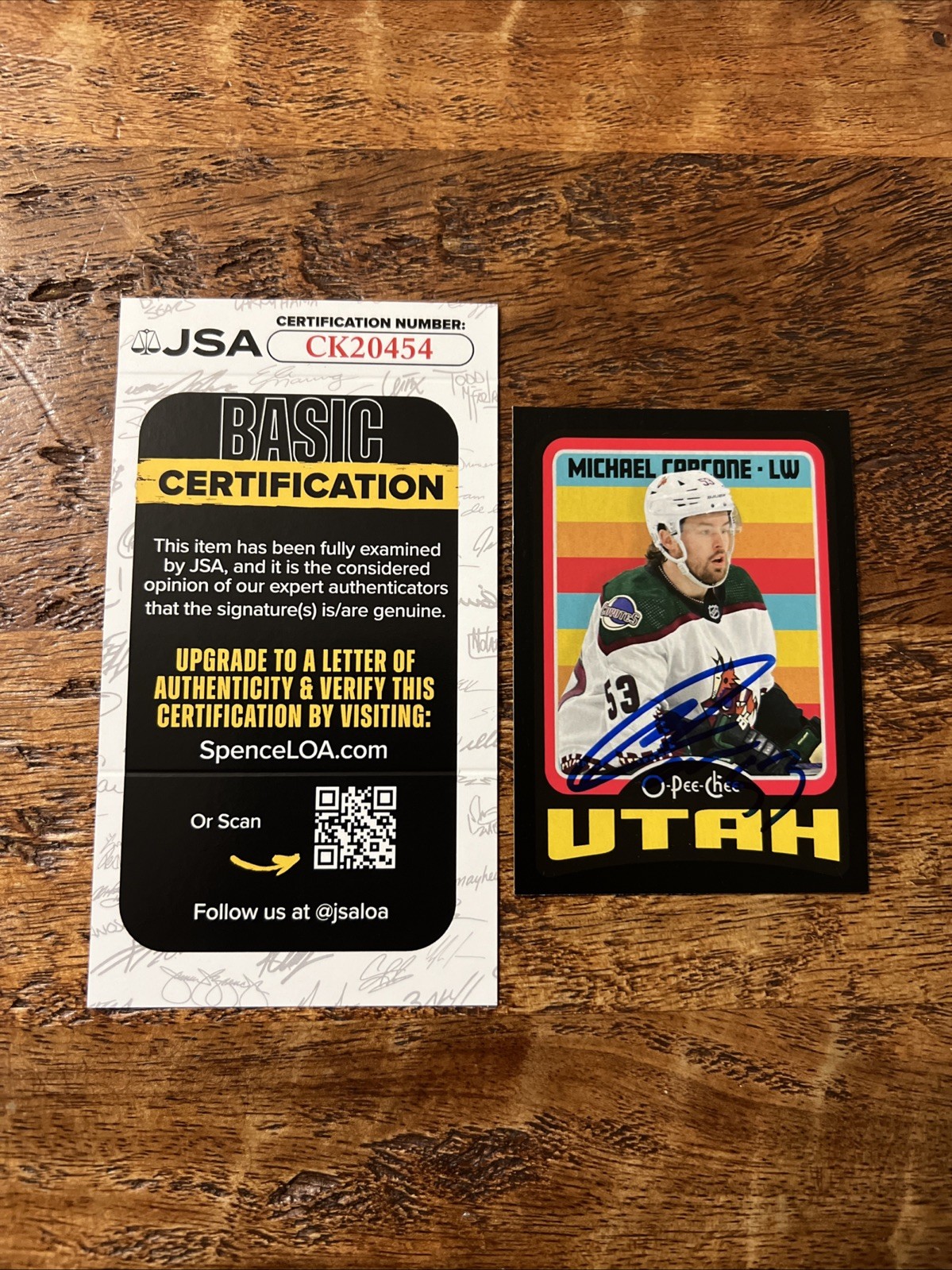 Michael Carcone IP Signed Black O Pee Chee Card JSA Coa Utah Mammoth Autographed