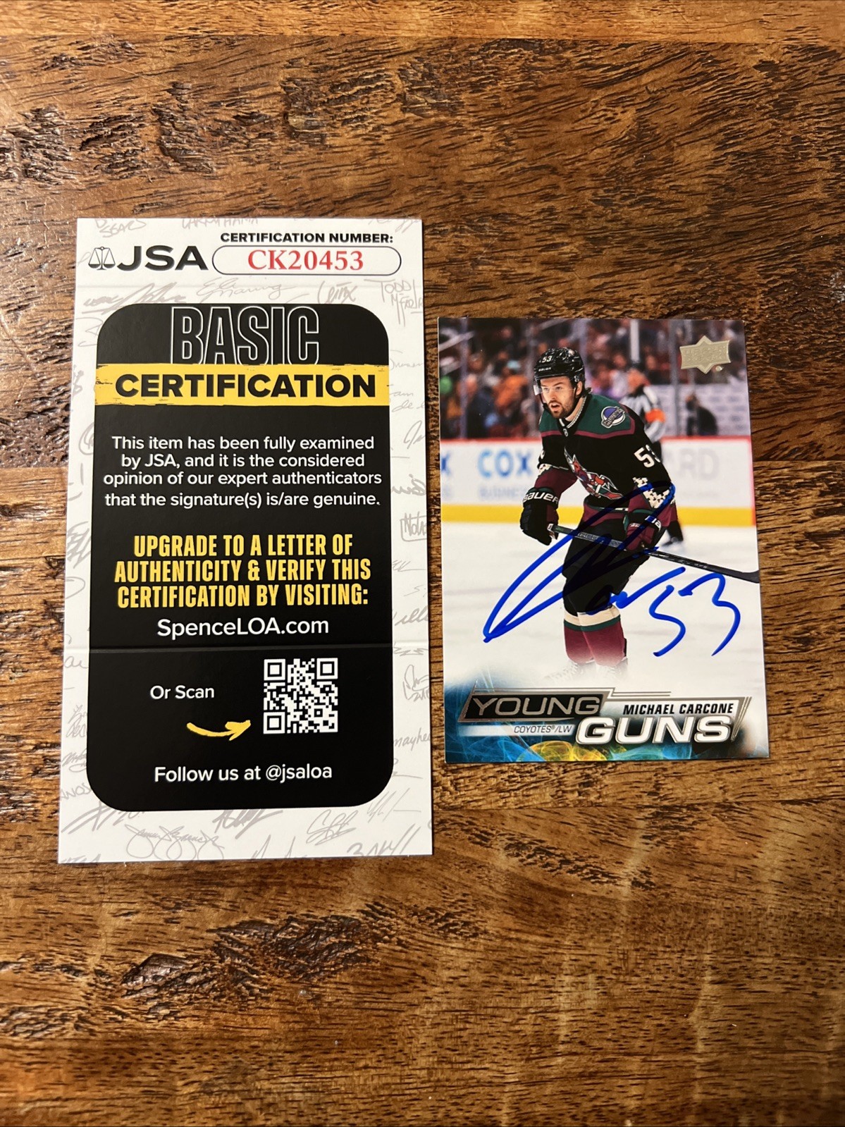 Michael Carcone IP Signed UD Young Guns Card JSA Coa Autographed Coyotes