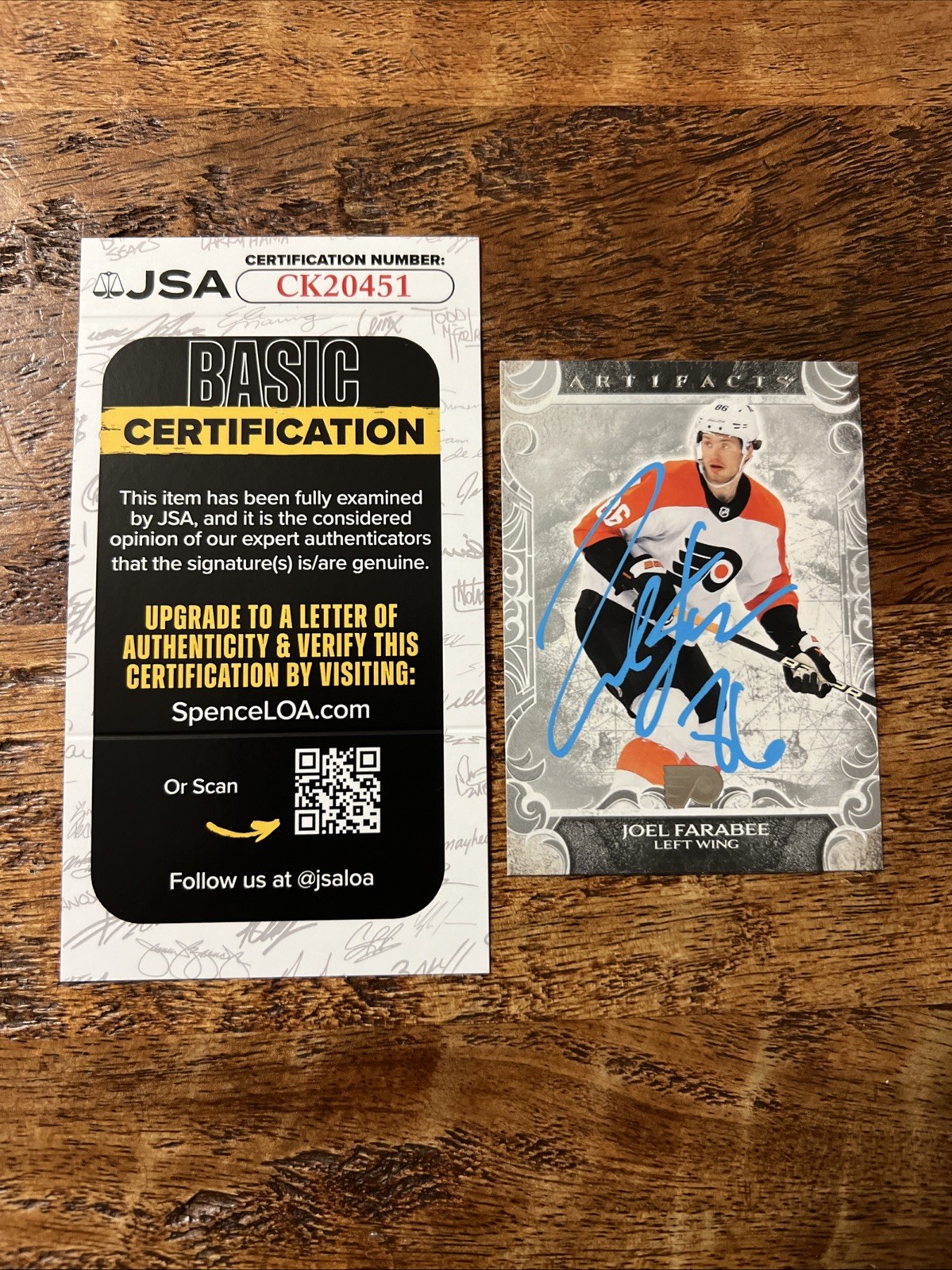 Joel Farabee IP Signed Upper Deck Artifacts Card JSA Coa Flyers Autographed