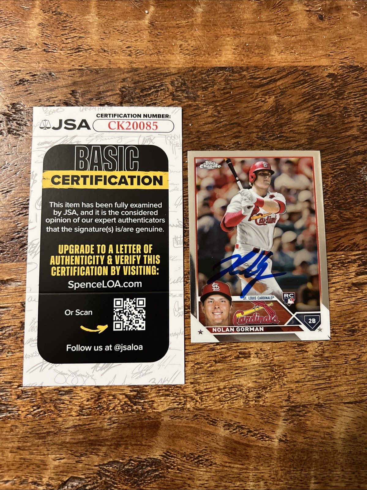 Nolan Gorman IP Signed Topps Chrome RC Card JSA Coa Cardinals Autographed