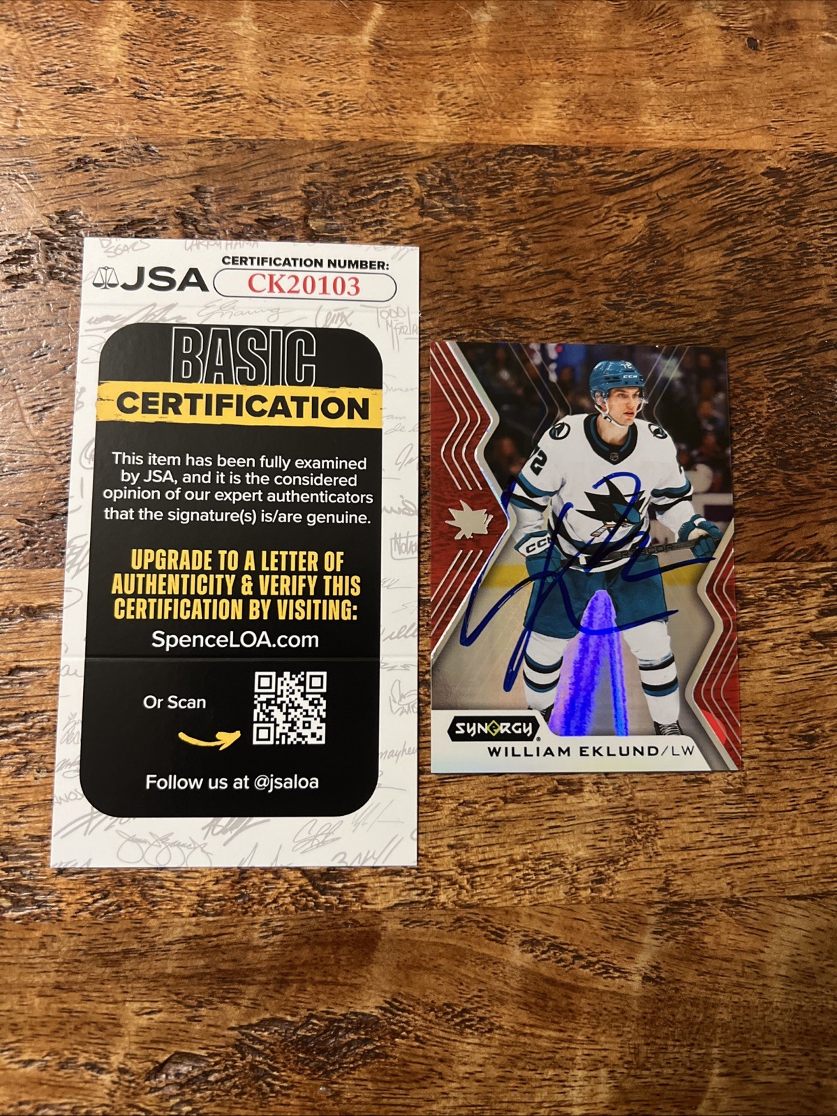 William Eklund IP Signed Upper Deck Synergy Card JSA Coa Sharks Autographed