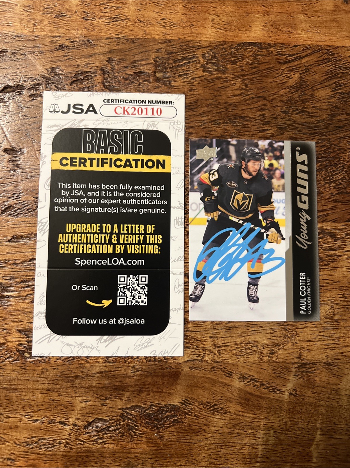 Paul Cotter IP Signed UD Young Guns Card JSA Coa Golden Knights Autographed