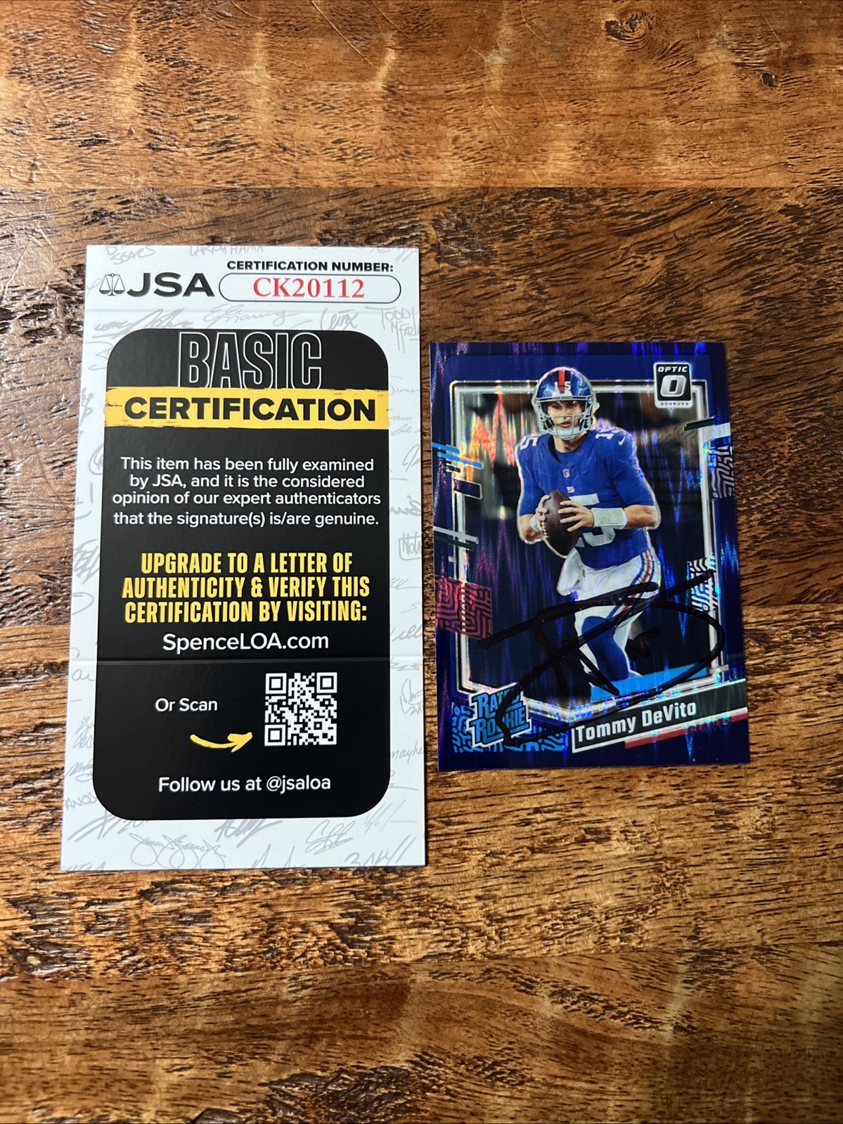 Tommy Devito IP Signed Optic Rookie Card JSA Coa Giants Autographed